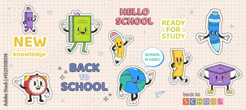 Groovy style book pencil marker alarm clock academic cap and planet globe. School and office stationery. Back to school phrases, cartoon stickers vector set