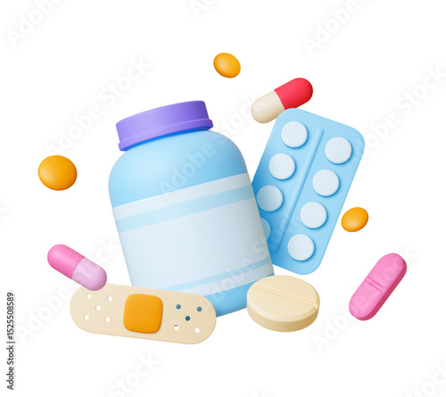 Medical 3d scene with patch, pills, capsules and plastic medicine jar. Isolated render elements, health, hospital, pharmacy, healthcare vector illustration