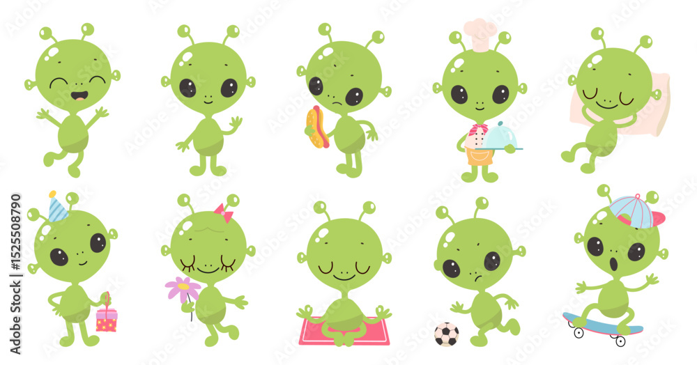 Obraz premium Cartoon green aliens. Funny alien in different poses, isolated cute ufo people. Space creatures cook, sleep, eat hot dog, meditate, nowaday vector clipart