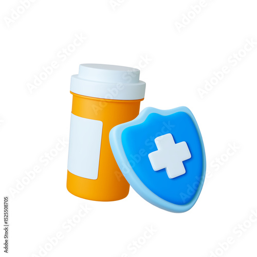 Pharmacy medication 3d icons. Plastic drugs bottle, hospital support. Healthcare shield, treatment, health help, ambulance. Realistic vector concept