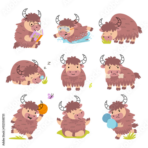 Cartoon yak. Funny yaks in different activity, reading sleeping swimming, doing sport. Cute furry animals, children mascots nowaday vector clipart