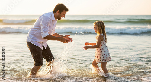 Father and daughter playing joyfully in shallow ocean waves during golden hour at the beach photo