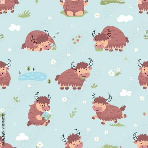 Yak seamless pattern. Funny cartoon yaks in different activities. Cute animal characters print for fabric, web app design. Nowaday vector background
