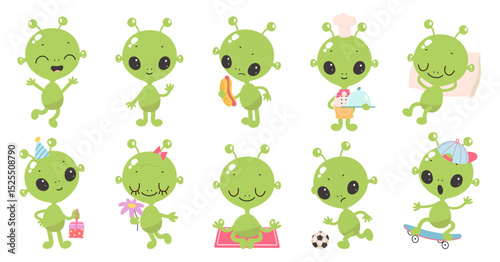 Cartoon green aliens. Funny alien in different poses, isolated cute ufo people. Space creatures cook, sleep, eat hot dog, meditate, nowaday vector clipart
