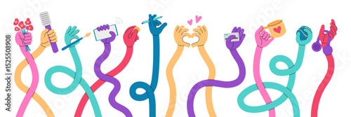 Flexible stretched hands. Long hand holding smartphone, flowers, pen, credit card. Different bright colors gestures, human curved arms, neoteric comic vector set