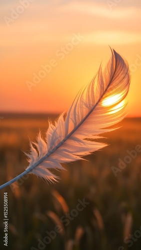 closeup White Feather Floating in the soft wind at Sunset Over a Golden Field
