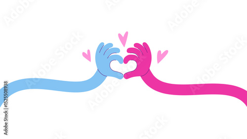 Long curved hands show heart. Cartoon flexible hand comic cartoon style. Love, romantic banner. Charity, support, help metaphor, neoteric vector design