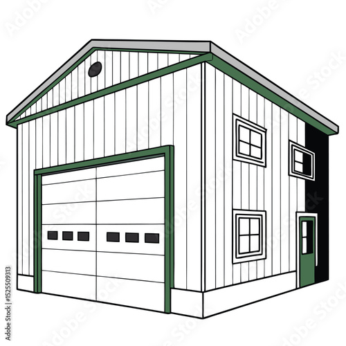 Illustration of a Detached Garage with Roll Up Door and Windows