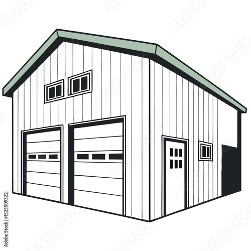Illustration of a Two Car Garage with a Side Door and Windows