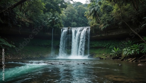 Lush rainforest surrounding a waterfall cascading into a river, ideal for eco-tourism and nature exploration.
