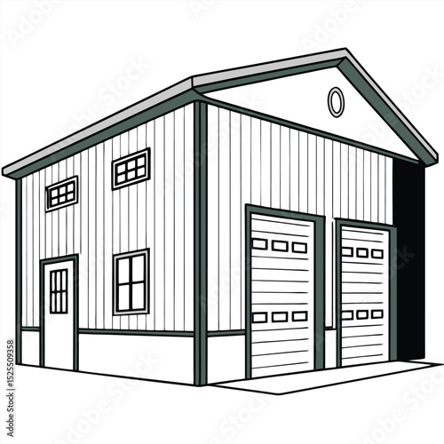 Illustration of a Two Car Garage with Side Door and Windows