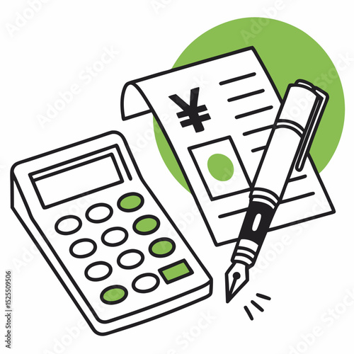 Japanese Yen Bill with Calculator and Pen for Financial Planning Illustration