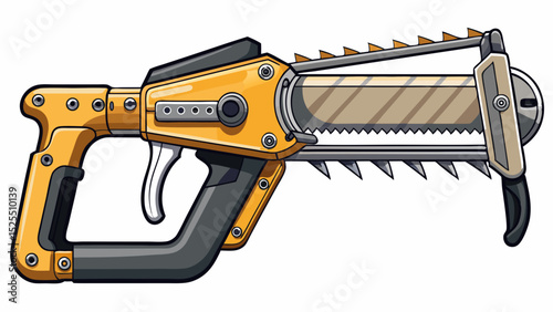 Specialized handheld cutter with safety grip and serrated edge for twine and net wrap. Captured in sharp close-up on white. Ideal for mechanized hay baling illustrations.