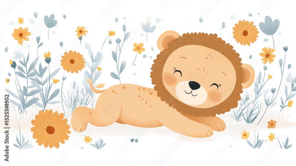 Fototapeta premium Illustration of a friendly lion cub lying among wildflowers with smiling face, whimsical and serene scene.