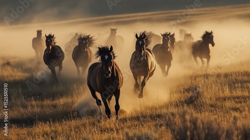 Wild Horses Galloping at Sunset