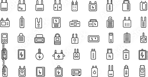 Set of minimalist black and white icons depicting various battery and charger designs
