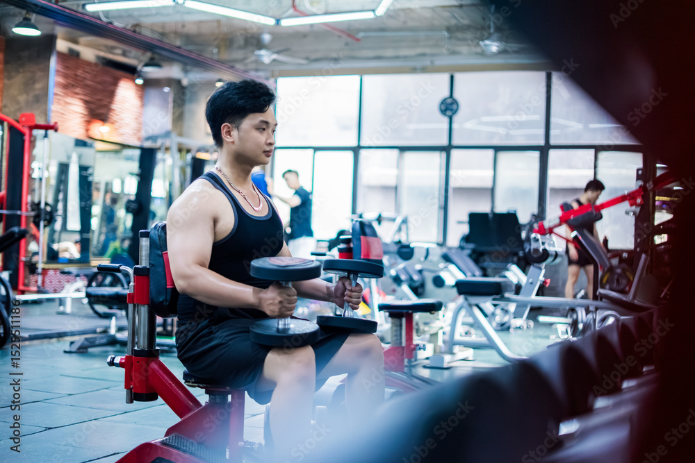 Fototapeta premium Individual engages in strength training with dumbbells in a modern gym during a morning workout session