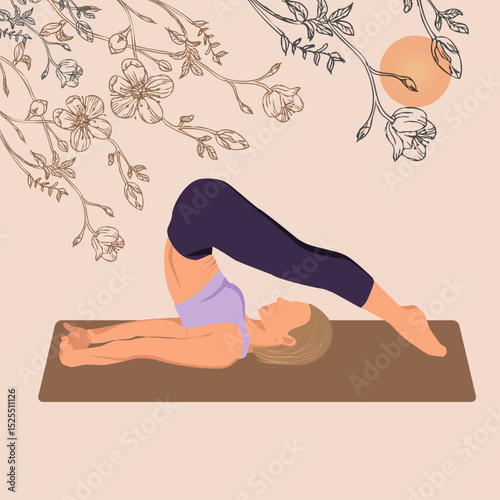 Young woman practicing yoga exercise, faceless style. Woman workout fitness, yoga studio, center poster. Plow pose.
