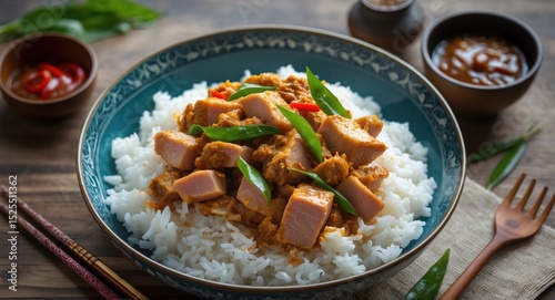 Steamed rice topped with curry and tofu, garnished with green chili. Side dishes of sauces and condiments on a rustic wooden table. Traditional Asian cuisine. photo