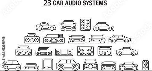Illustrated collection of twenty-three car audio systems depicting different car designs