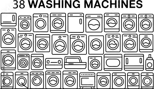 Collection of thirty eight black and white washing machine icons and outlines