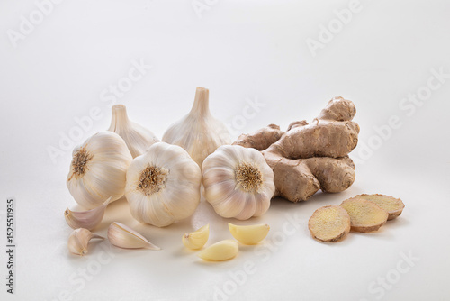 Ginger and garlic bulb group shot on a white background
