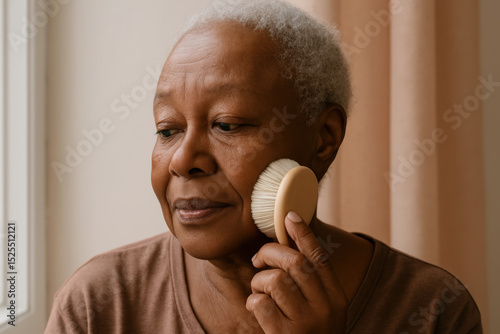 Mature woman practicing gentle facial dry brushing for skincare wellness by a window, promoting healthy aging and self care routine photo