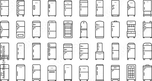 Collection of minimalist refrigerator icons illustrating various design styles and functionality