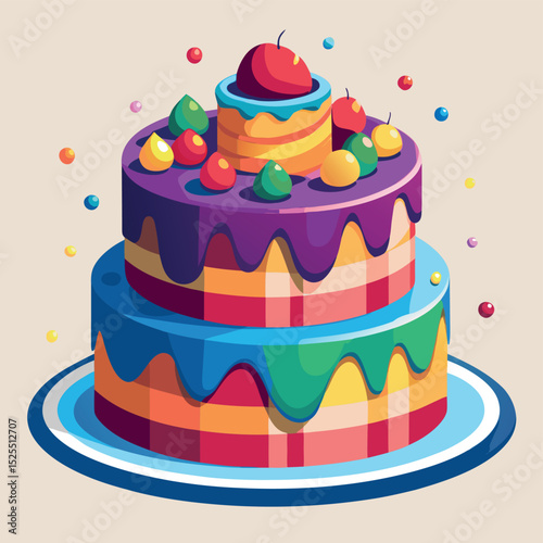Colorful two tier cake with fruit toppings on a plate for celebrations and birthday parties