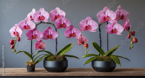 Image of pink orchids in black pots with green leaves placed on a wooden surface.