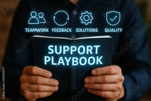 A person holding a playbook that has four key business features above the book. The images above represent: Teamwork, Feedback, Solutions, and Quality