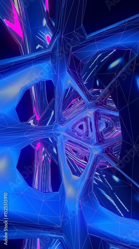 Seamless animation of retrofuturistic neon synthwave vertical video of a grid landscape and metal mirror tubes