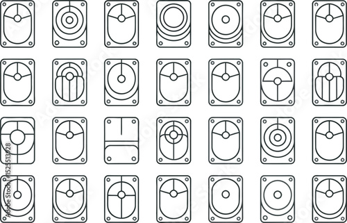 Collection of minimalist computer mouse designs in a grid pattern for various applications