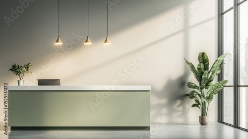 A minimalist reception desk in a contemporary space, bathed in soft sunlight streaming through a large window, features a muted green base and a white countertop.  Potted plants add a touch of nature