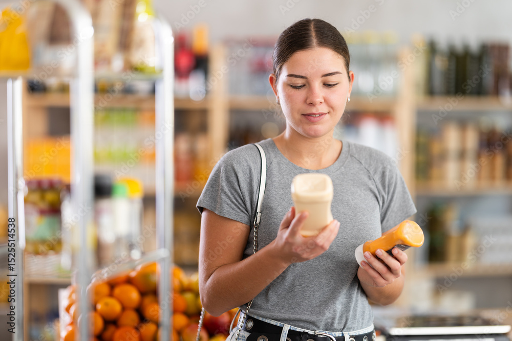 Fototapeta premium European woman holds packages of sauces in hands against the background of shelves with food and products. Supermarket visitor choosing sauces for dinner