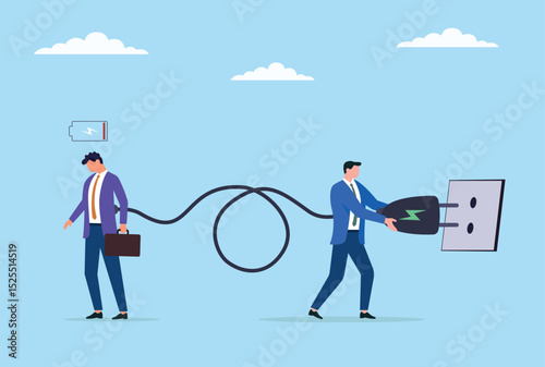 Vector illustration of a businessman putting a charge on another businessman, a symbolic representation of professional assistance, advice, and transfer of power in a collaborative work environment
