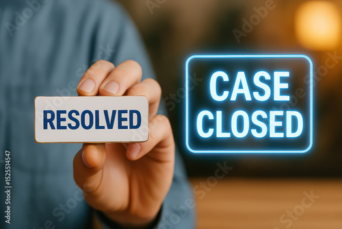 a person holding a small rectangular sign that says 