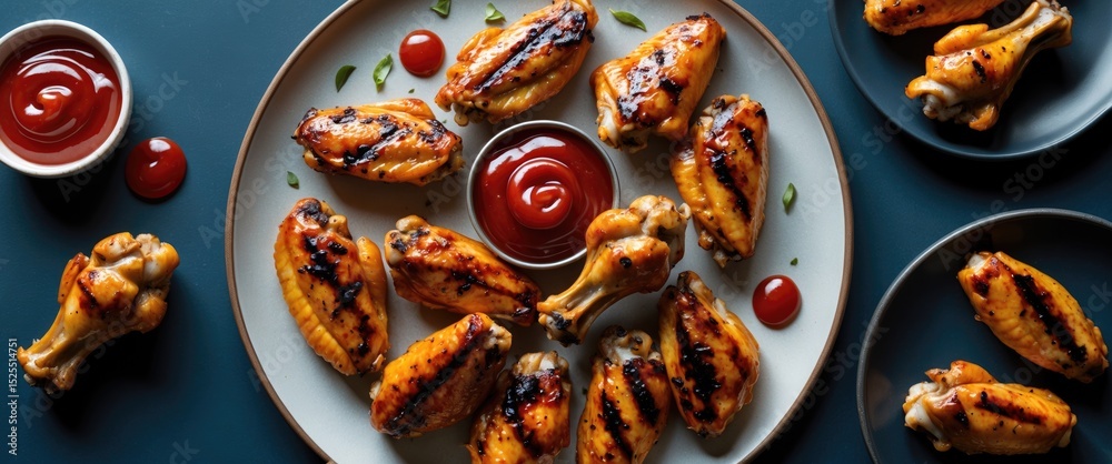 Fototapeta premium Plate of grilled chicken wings with ketchup and cherry tomatoes, served on a blue background. Appetizer and snack concept, food and dining, delicious and savory cuisine.