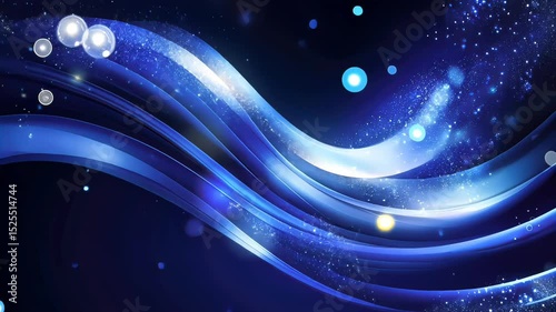 Blue Abstract Light Waves with Sparkling Particles and Flowing Curves on a Dark Background
