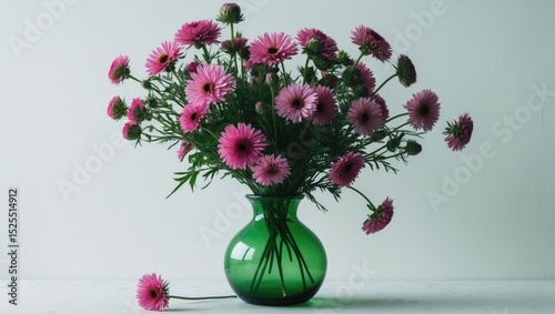 Pink daisies in a green vase against a plain white background.