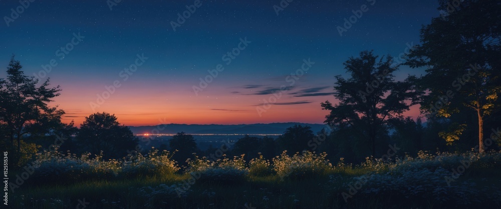 Obraz premium A landscape scene at sunset with trees and a distant horizon. The sky displays hues of orange, pink, and blue as night approaches.