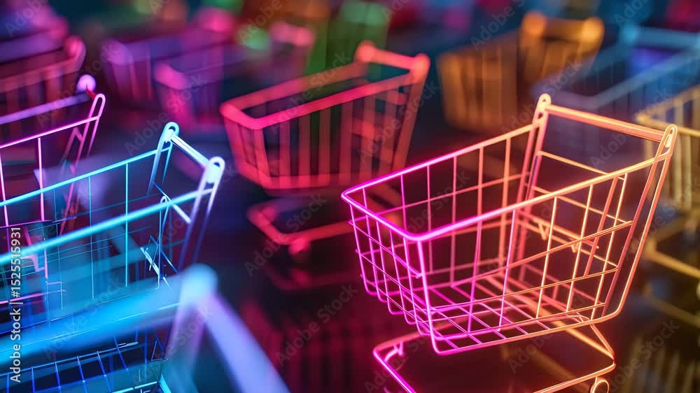 Colorful neon shopping carts illuminated in vibrant lights create a dynamic shopping atmosphere in an abstract setting