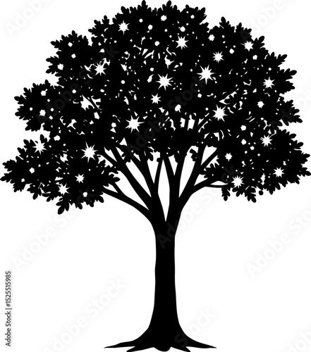 Silhouette of a tree with star shaped decorations christmas, vector, silhouette,  illustration, horizontal, isolated assets,
