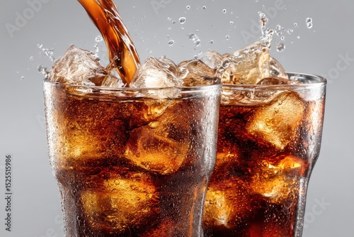 Two glasses of cola with ice cubes splashing on a bright gray background, perfect for beverage advertisements, refreshment promotions, packaging designs, and summer drink campaigns