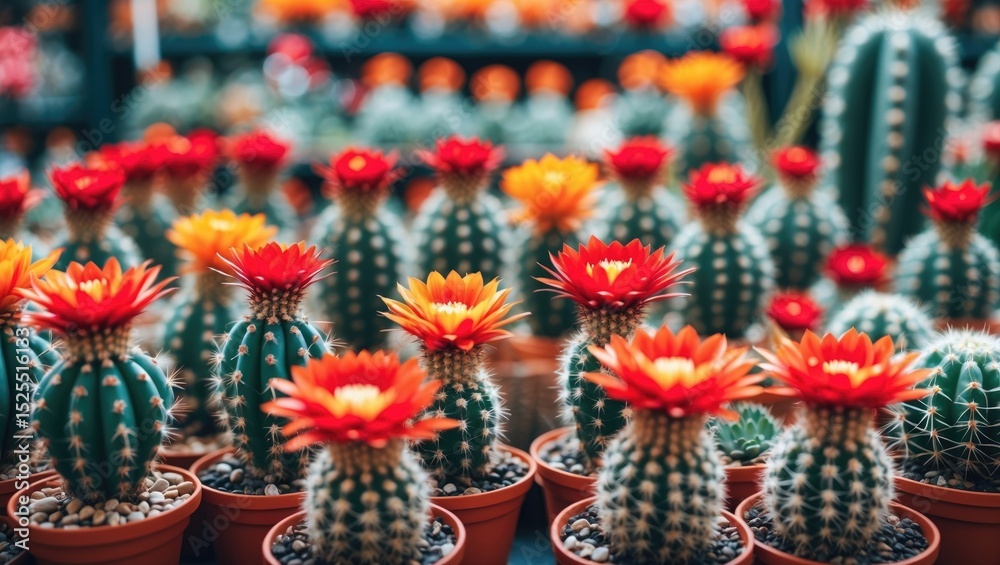 Naklejka premium A collection of potted cacti with vibrant red and yellow flowers in a nursery or market setting.