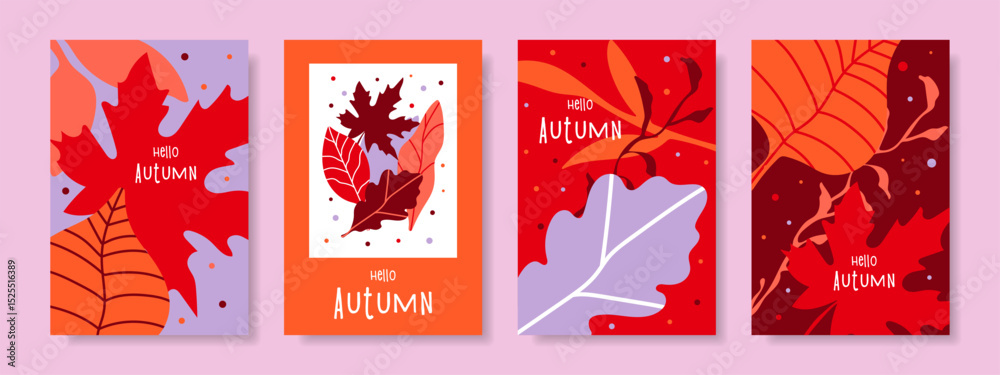 Set of abstract autumn cards, posters, covers with bright autumn leaves. Autumn web banner, flyer design. Social media template.