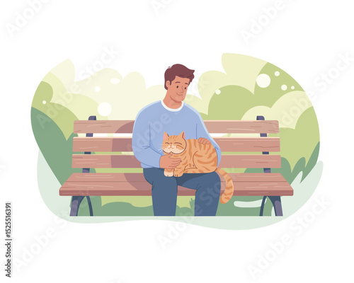 Man and Cat Sitting on Park Bench A Flat-Style Vector Illustration