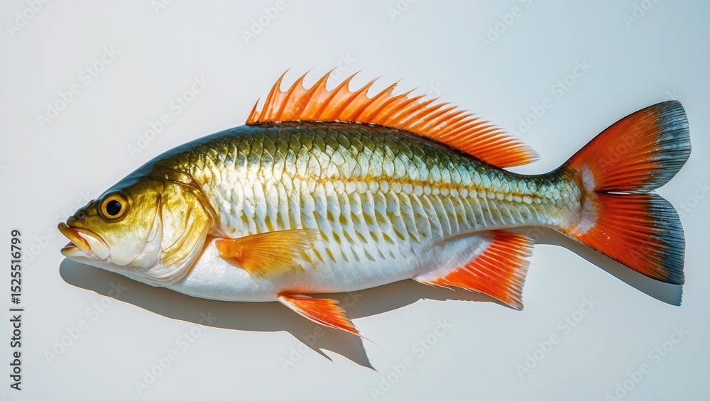 Fototapeta premium A colorful fish with orange fins and tail, yellow and green scales, lying on a white surface.