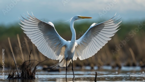A heron spreading its wings while standing in water in a natural wetland environment. photo