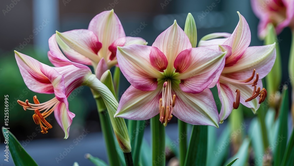 Fototapeta premium Colorful lilies with pink and white petals blooming in a garden setting.